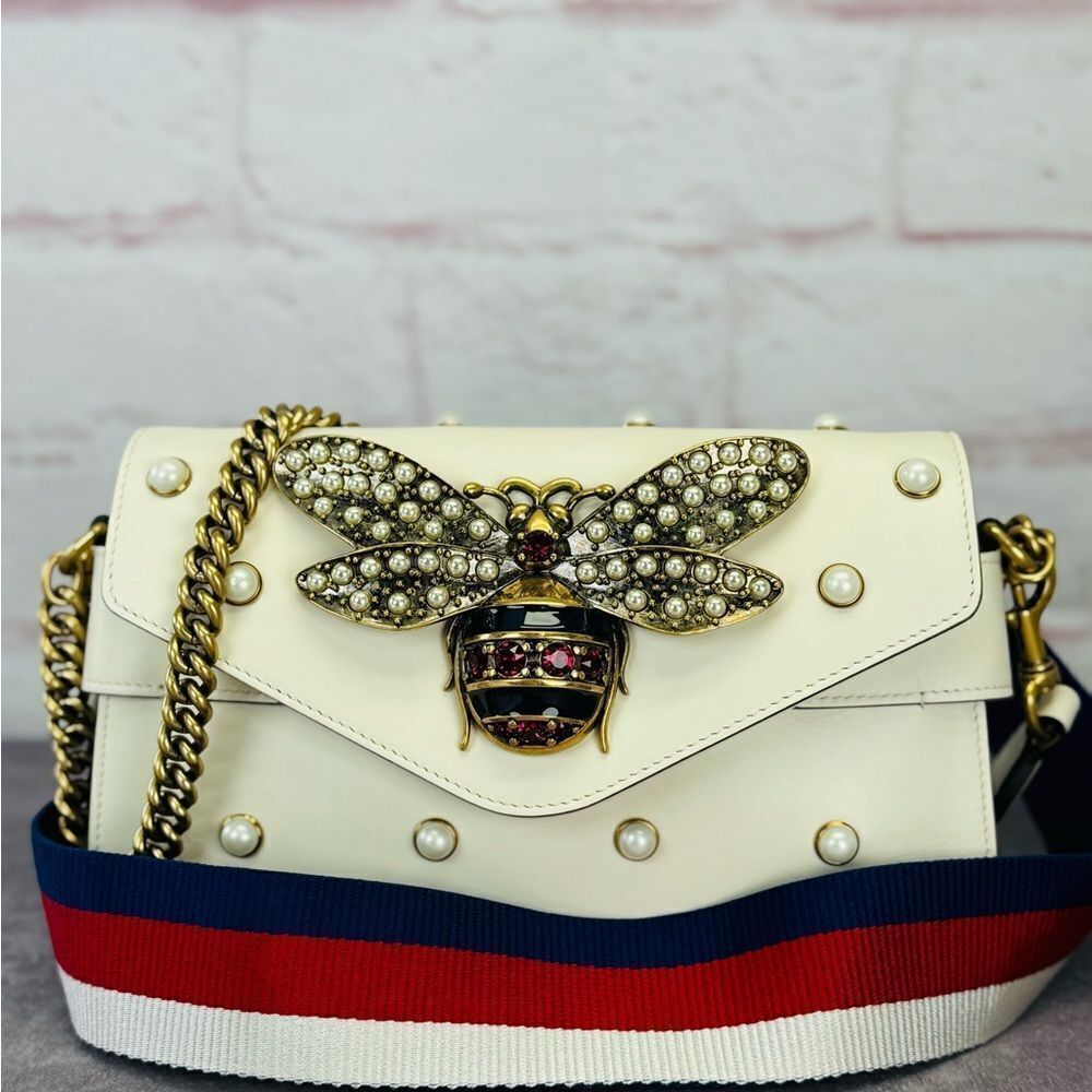 Gucci Rare Queen Margaret Pearl Web Nappa Leather Flap Broadway Bag